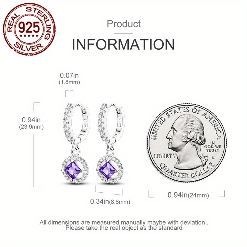 Women's 925 Silver Purple Princess Square Earrings with Zirconia